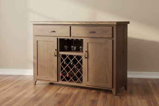 - Standard Hardware: ORB Pulls
- Adjustable Wood Shelves
- Wine Rack Center
- Goblet Hangers in Center
- Full Extension Drawer Slides
- Dovetailed Drawer Boxes
- 1.75" Rustic Walnut Live Edge Top - Standard
- Wood/Stain Option Changes Base ONLY