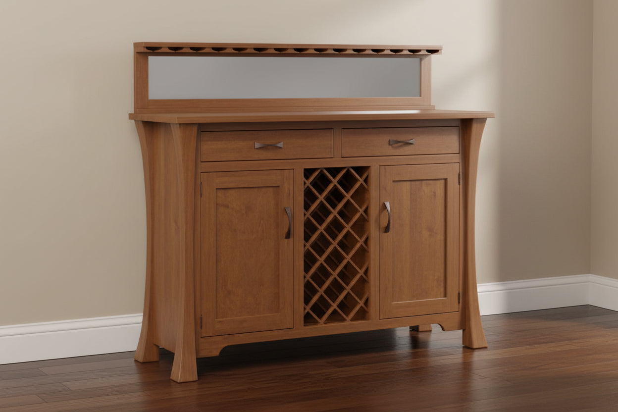 - Standard Hardware: K525-96-DBAC
- Wine Rack Center
- Mirror Back
- Wine Glass Holders
- Reverse Panel Doors
- Wood Shelves
- Dovetailed Drawers
- All Drawers on Full Extension Slides