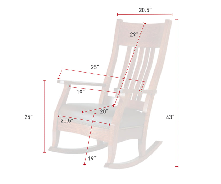 Quick Ship Amish Mission Buckeye Rocker - Buckeye Rocker's - Amish Made Traditional Rocker - Genuine Leather - Spec Sheet