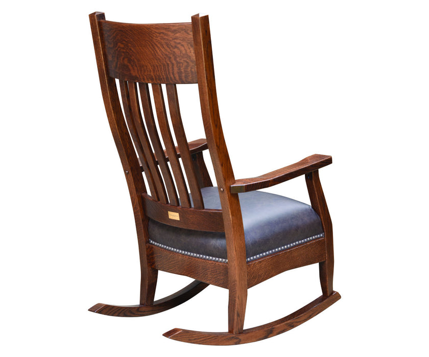 Quick Ship Amish Mission Buckeye Rocker - Buckeye Rocker's - Amish Made Traditional Rocker - Genuine Leather - Back View