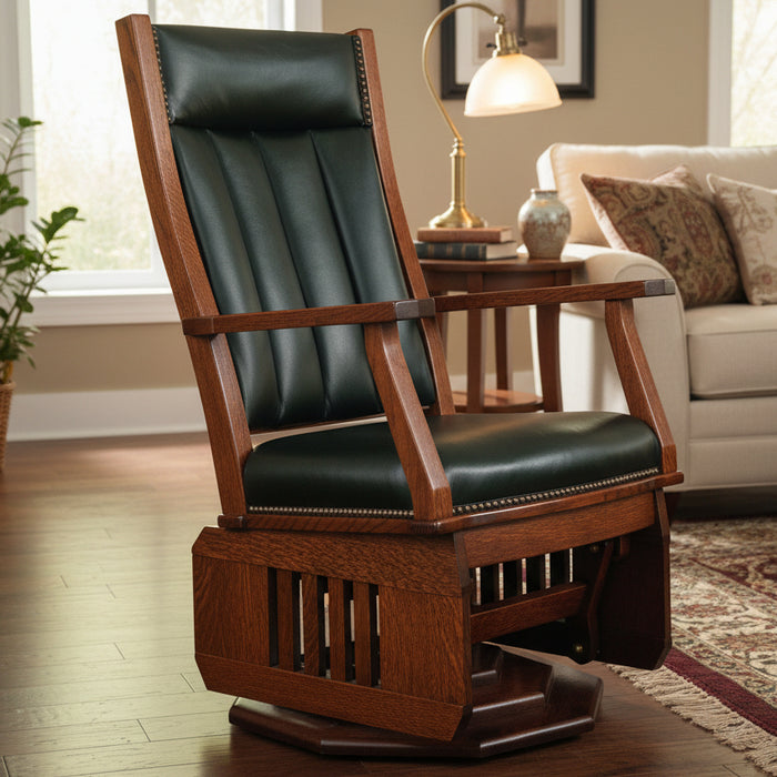 Quick Ship Amish Mission Buckeye Swivel Glider - Buckeye Rockers - Amish Made Leather Swivel Glider - Top Grain Leather Glider