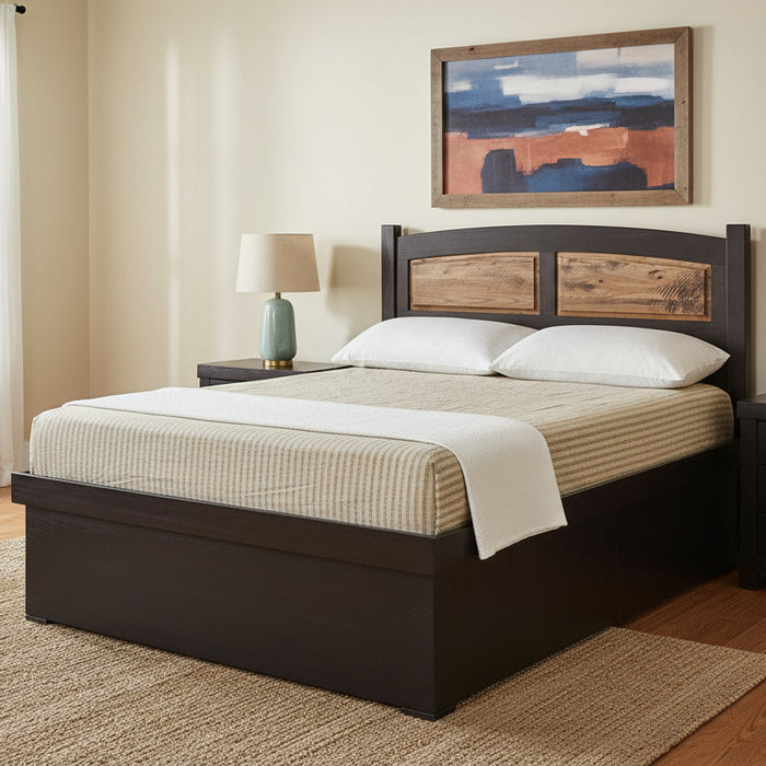 Madison Platform Lift Storage Bed Contemporary Style Two-Toned Oak with Onyx Stain and Rustic Hickory Panels