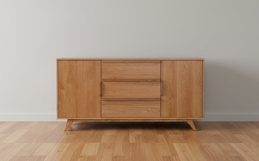 - Standard Hardware: Wood Pulls
- Three Drawers
- Two Shelves Behind Each Door