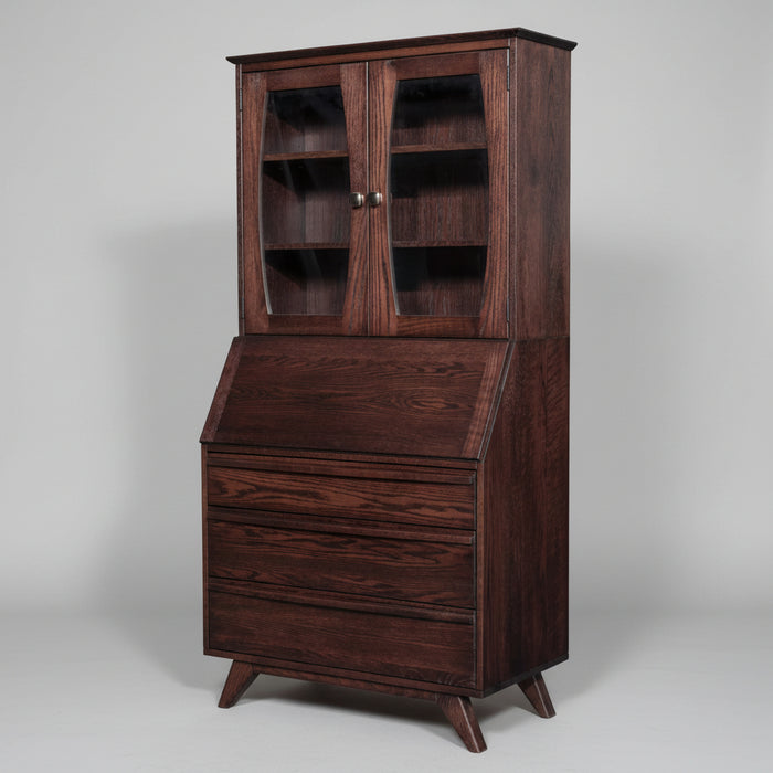 Mid Century Secretary Desk with Glass Hutch Top for Display Solid Oak Amish Built