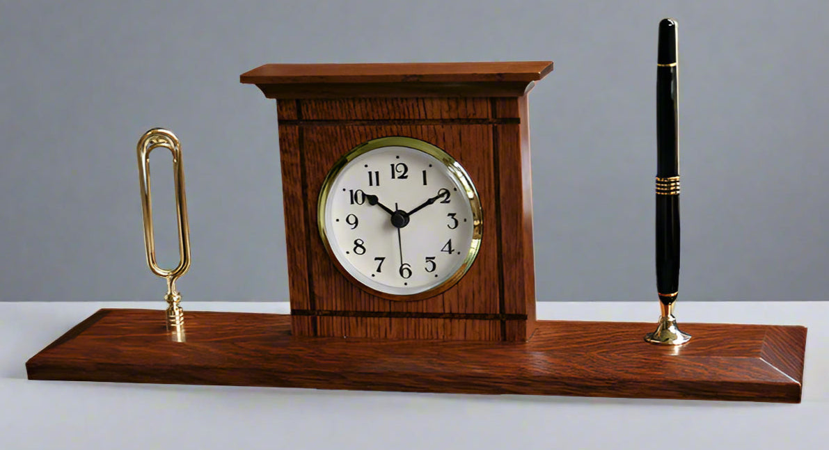 Mission Desk Clock Set with Quartz Clock, Gold Paper Clip and Office Pen Holder in Quarter Sawn White Oak 113 Michaels Stain Front Facing