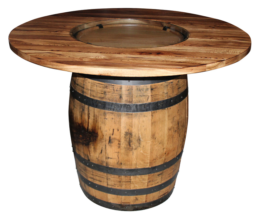 Amish Round Barrel Table With Swivel Fabric Stools Pub Dining Sets Reclaimed Barnwood