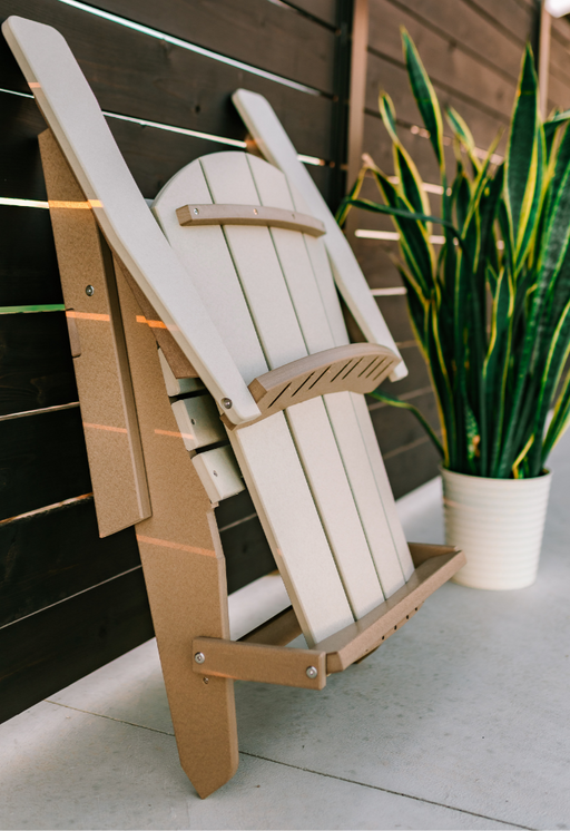 Amish Polybird Folding Adirondack Chair - Weatherwood on Brown - Folded Up Photo