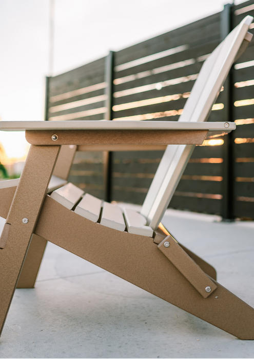 Amish Polybird Folding Adirondack Chair - Weatherwood on Brown - Side View 1