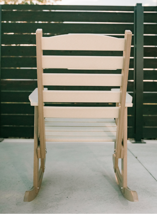 Amish Sunset Poly Rocking Chair - Weatherwood on Brown - Back View