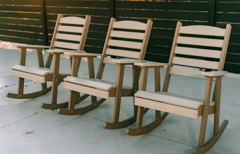 Amish Sunset Poly Rocking Chair - Weatherwood on Brown - Set Photo 3 Rocking Chairs