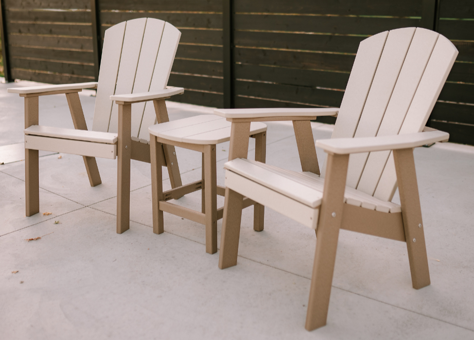 Amish Sunset Easy Adirondack Chair - Weatherwood on Brown - Set With 2 Chairs and End Table - Side View 2