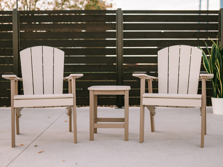 Amish Sunset Easy Adirondack Chair - Weatherwood on Brown - Set With 2 Chairs and End Table - Front View