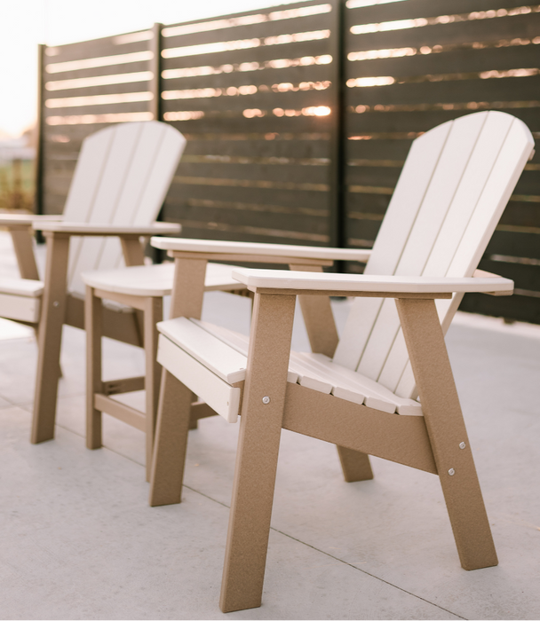 Amish Sunset Easy Adirondack Chair - Weatherwood on Brown - Set With 2 Chairs and End Table - Side View