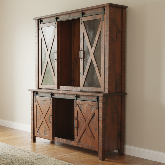 Sliding Barn Floor 3-Door Hutch - Rough Sawn