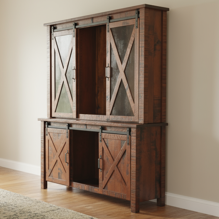 Sliding Barn Floor 3-Door Hutch - Rough Sawn