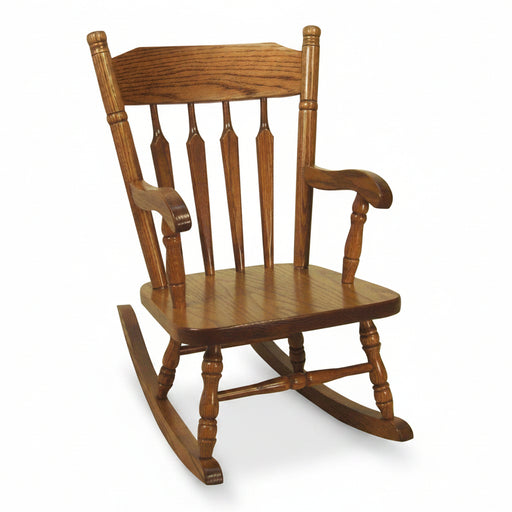 A traditional wooden Amish Sunburst Kid's Rocker with a brown finish.