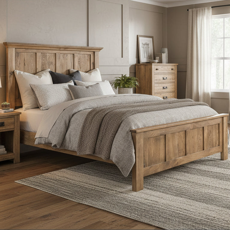 Quick Ship Amish Canton Bed - Rustic Hickory OCS-119 Cappuccino - In-Room Photo