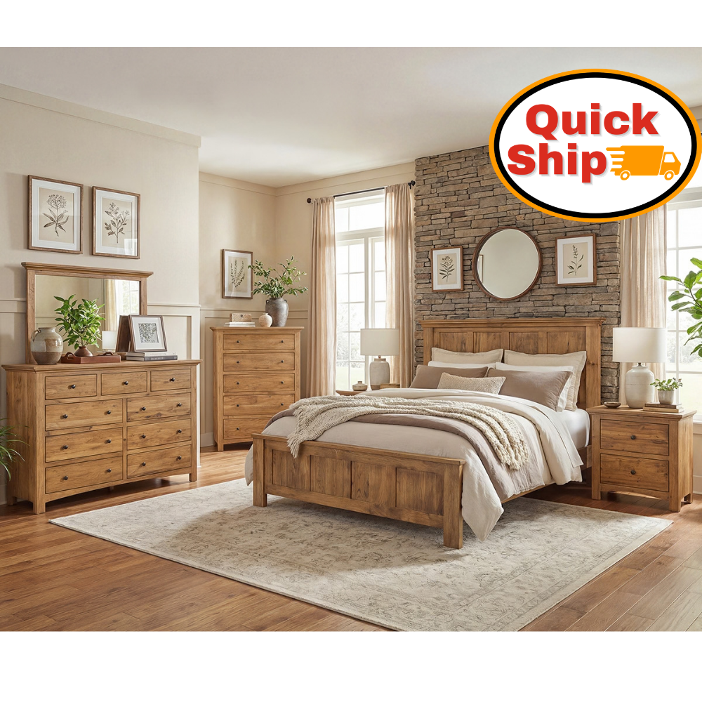 Quick Ship Amish Canton Bedroom Set - 5-pc. Amish Bedroom Set Quick Ship - Contemporary Amish Bedroom - Rustic Hickory OCS-119 Cappuccino - In-Bedroom Photo