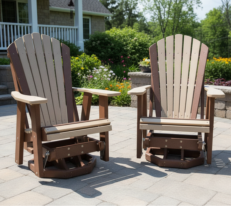 Quick Ship Amish Hilton Adirondack Swivel Glider - Weatherwood on Brown - Set Photo of 2