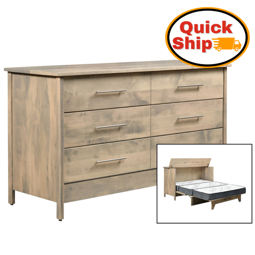 A light oak wood five-drawer dresser with silver metal handles, shown on a white background with a 'Quick Ship' badge in the top right and a small inset image showing the bed frame folded down.
