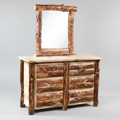 Wooden dresser with mirror featuring antler designs on a white background