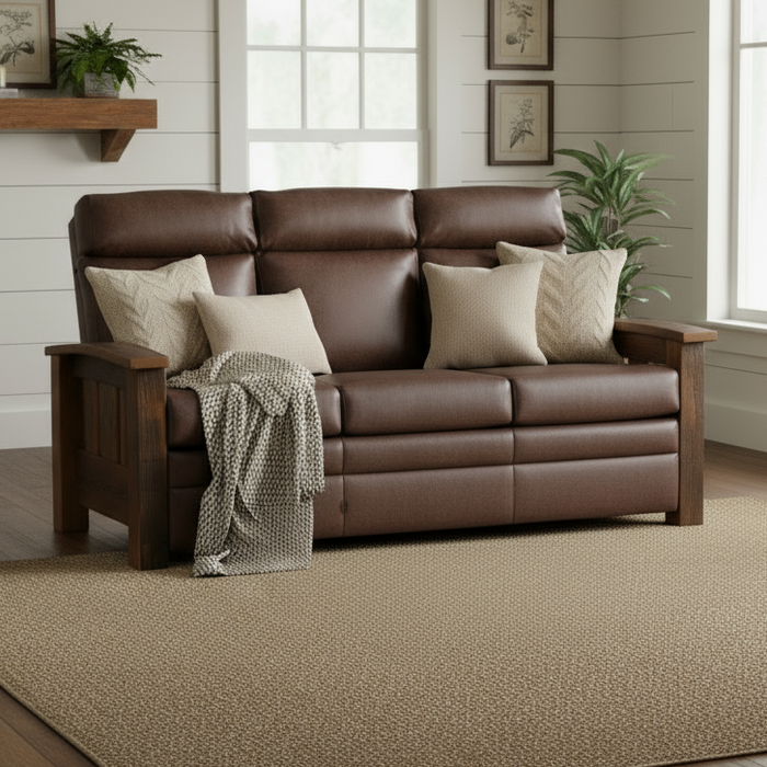 Quick Ship Tiverton Reclining Sofa Amish Built Quality Fabrications Faux Leather Brown
