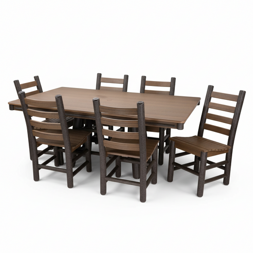 Amish Rustic Poly Log 44"x72" Dining Set With Poly Log Ladderback Dining Chairs - Antique Mahogany on Brown - Set Photo - Blank Background