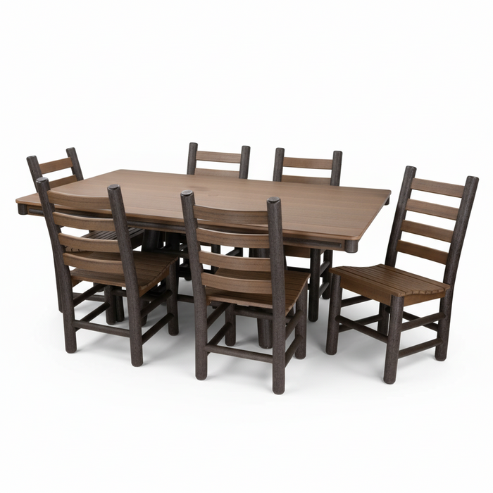 Amish Rustic Poly Log 44"x72" Dining Set With Poly Log Ladderback Dining Chairs - Antique Mahogany on Brown - Set Photo - Blank Background