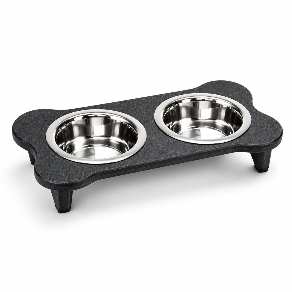 Pet bowl with two stainless steel compartments on a gray base