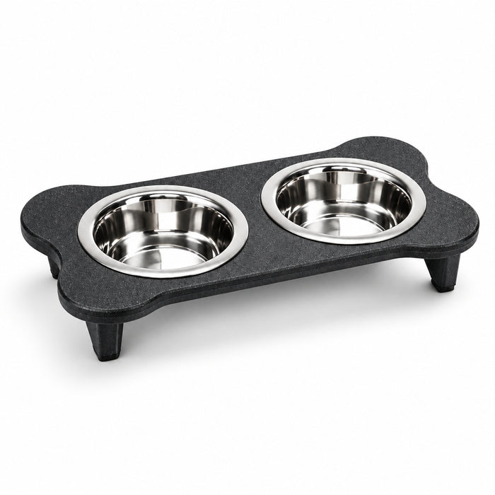 Pet bowl with two stainless steel compartments on a gray base