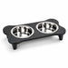 Pet bowl with two stainless steel compartments on a gray base