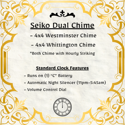 Seiko Dual Chime 4x4 Westminster Chime 4x4 Whittington Chime handmade solid wood clock