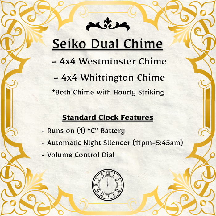 Seiko Dual Chime 4x4 Westminster Chime 4x4 Whittington Chime handmade solid wood clock