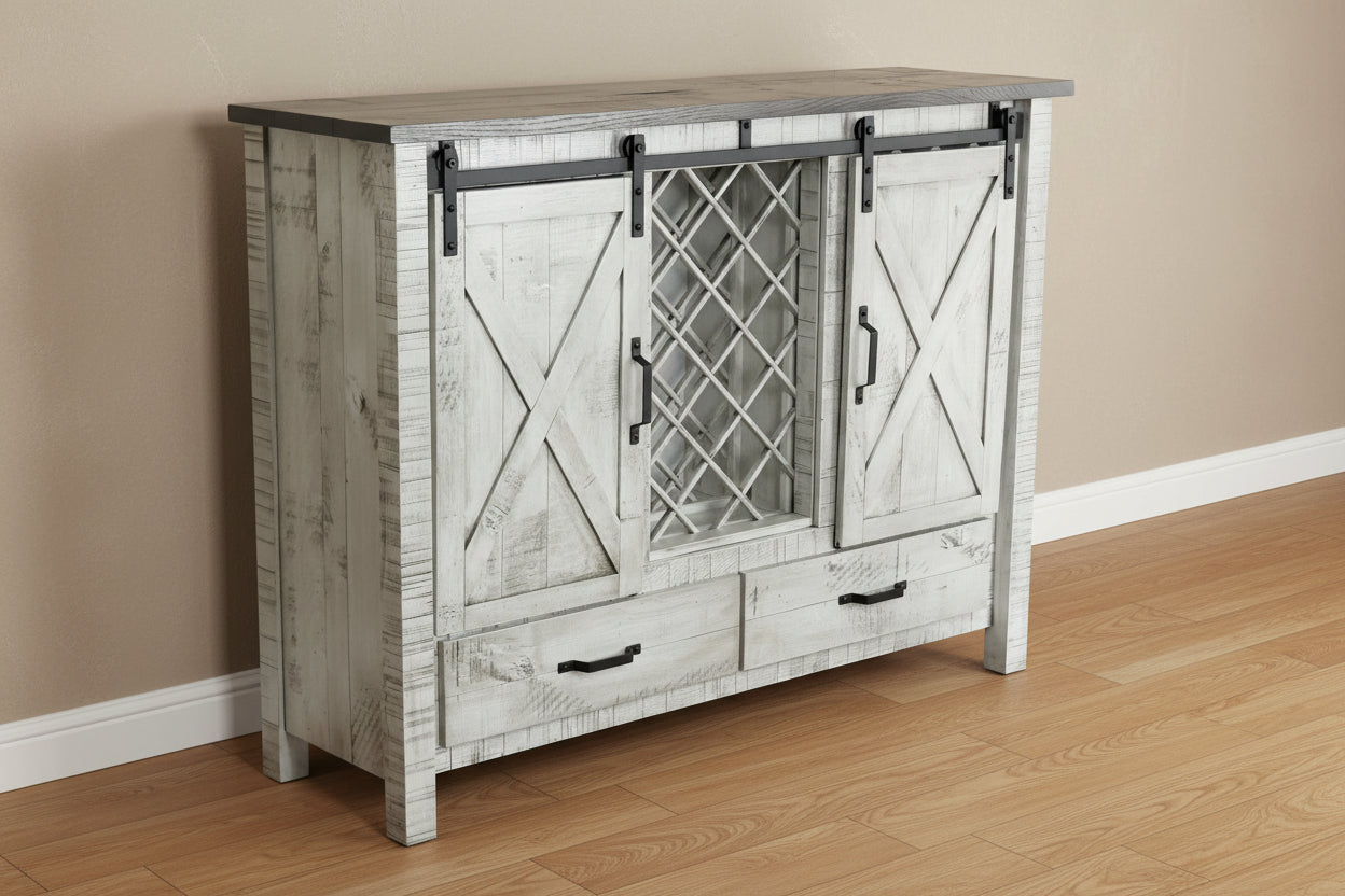 - Standard Hardware: Black Pulls&nbsp;
- Rough Sawn Is Standard - Also Available Smooth
- Adjustable Shelves
- Sliding Doors
- Wine Bottle Storage
- Hidden Wine Glass Storage
- Full Extension Drawer Slides
- Dovetailed Drawer Boxes