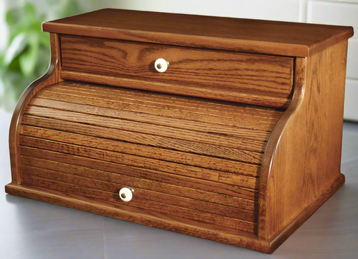 Solid Oak Bread Box with Drawer Amish Built Front Facing