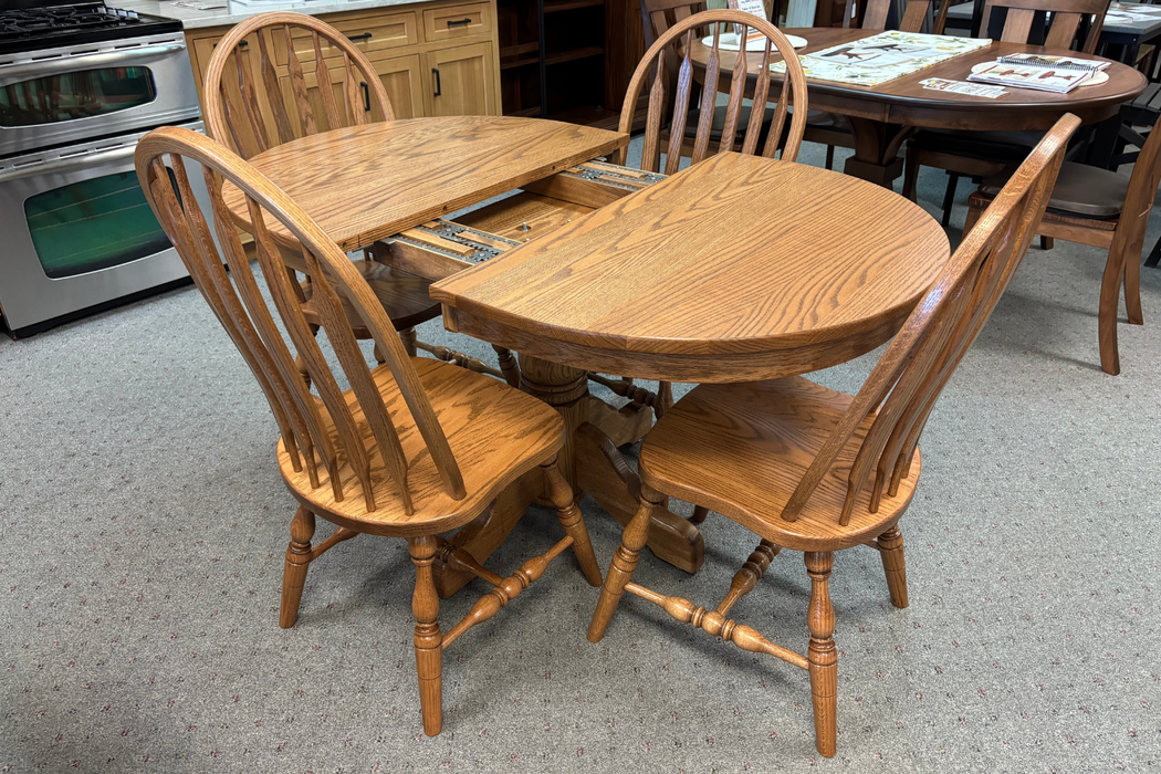 StandardSinglePedestal-4HighBentPaddleChairs-Oak-ProvincialStain-TableOpen