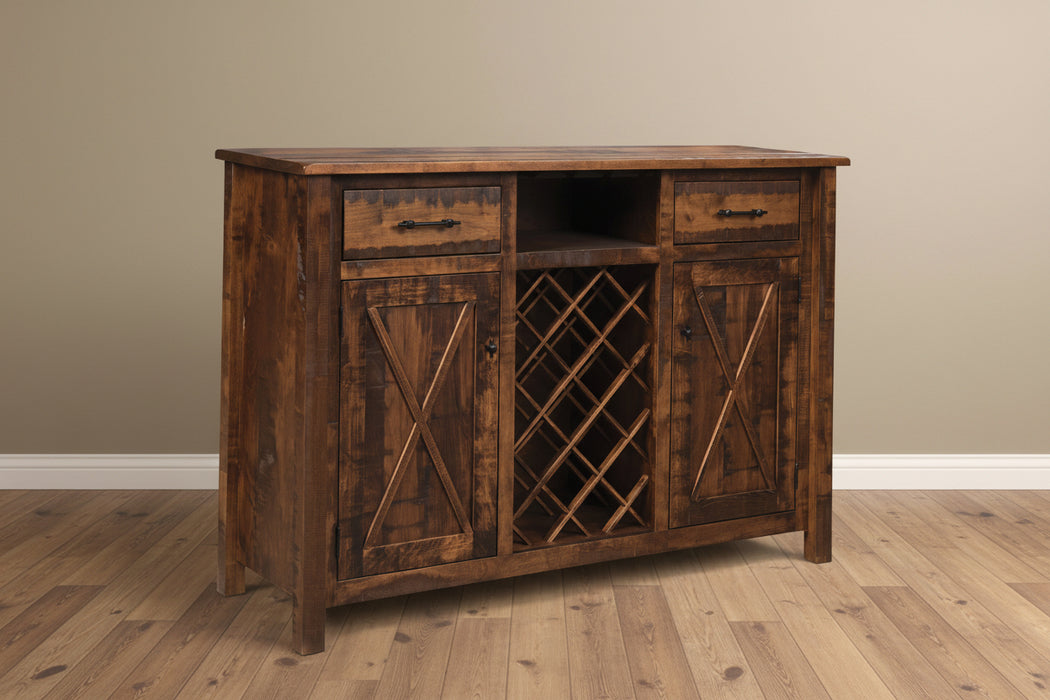 - Standard Hardware: K558-BL, K58-BL
- Two Doors w/ Adjustable Shelves Inside
- Wine Rack in Center
- Two Drawers on Full Extension Slides
- Rough Sawn Is Standard - Also Available Smooth