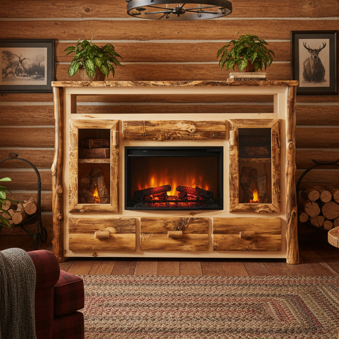 Amish Log Tv Stand With Fireplace