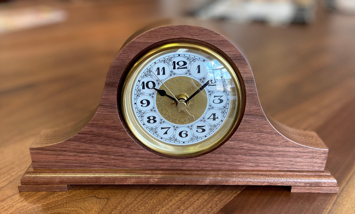 Tambour Desk Clock Natural Walnut Wood Gold Quartz Clock Front Facing