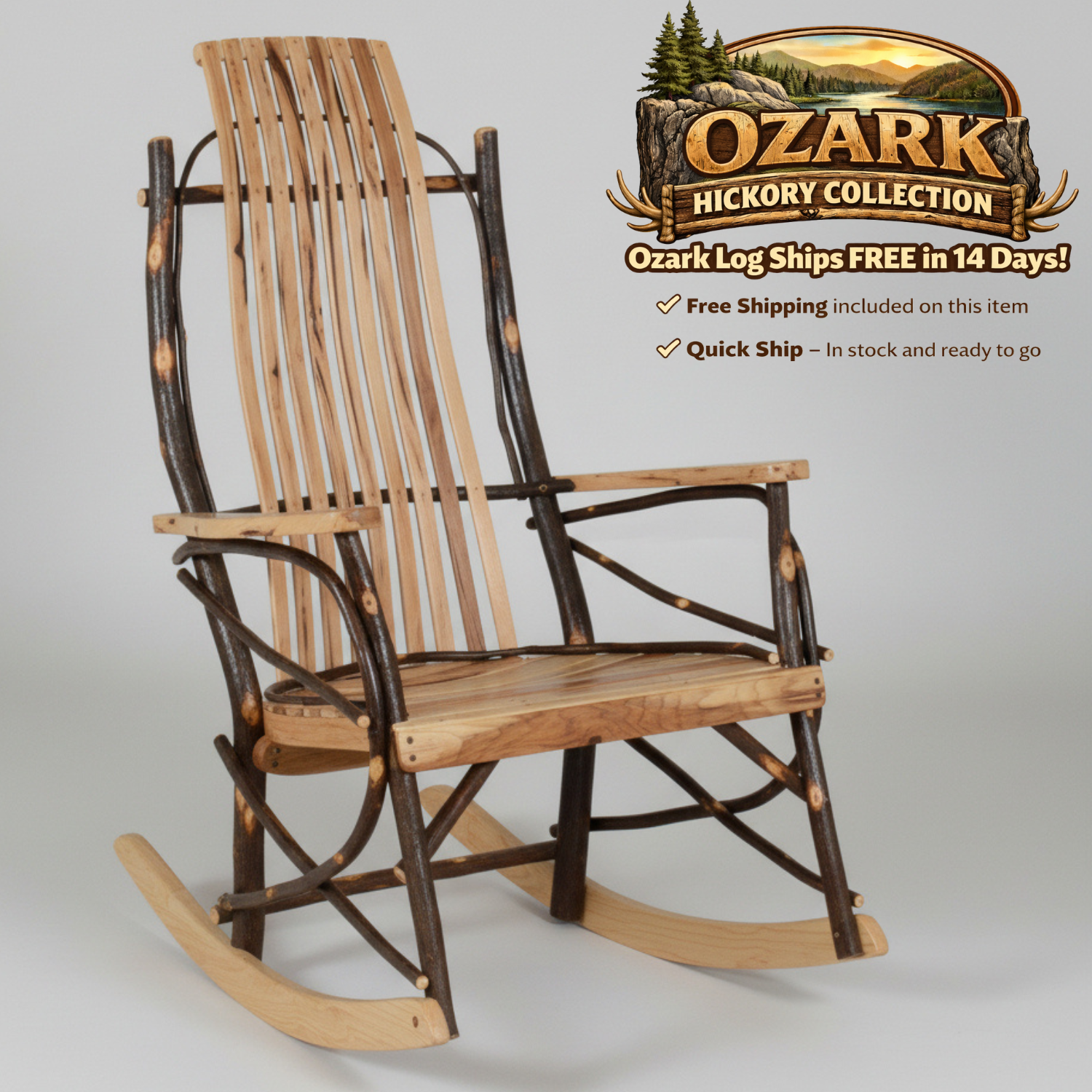 Quick Ship Amish Ozark Hickory Log 9-Slat Rocker (Free Shipping)