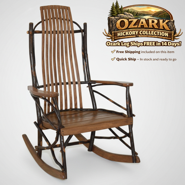 Quick Ship Amish Ozark Hickory Log 9-Slat Rocker (Free Shipping)