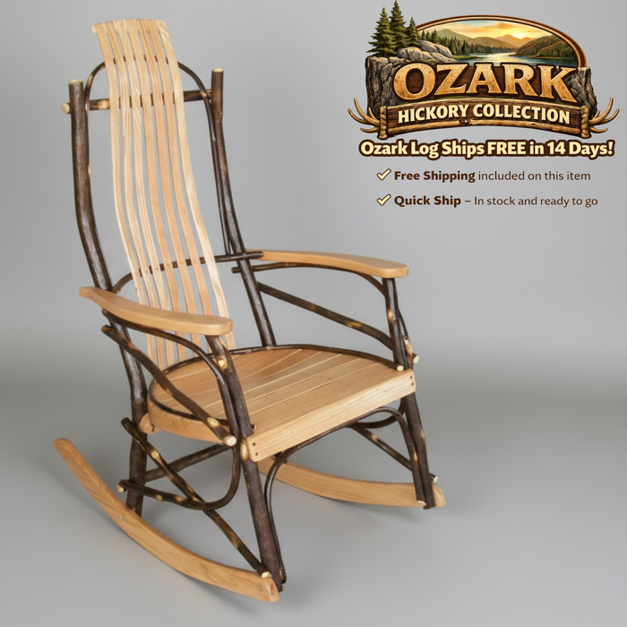 Quick Ship Amish Ozark Hickory Log 7-Slat Rocker (Free Shipping)