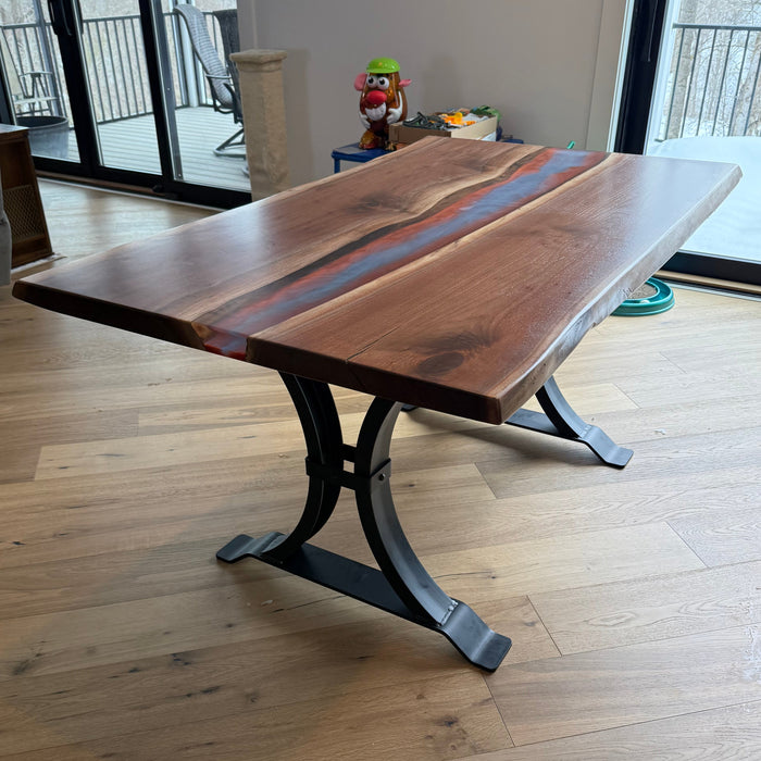 Walnut Epoxy Dining Table with Atlas Metal Base Amish Made Front Facing
