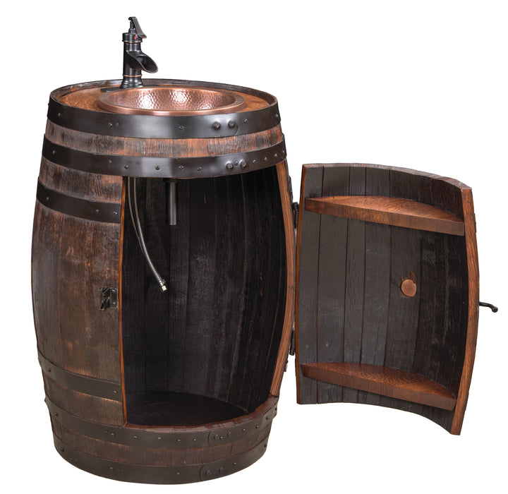 Amish Whiskey Barrel Vanity with Copper Sink and Door Front Facing