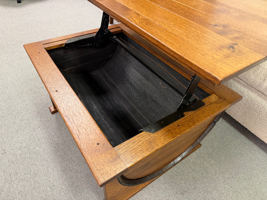 Whiskey Barrel Coffee Table with Life Top and Storage Inside Barrel Amish Made Rustic Barrel Design