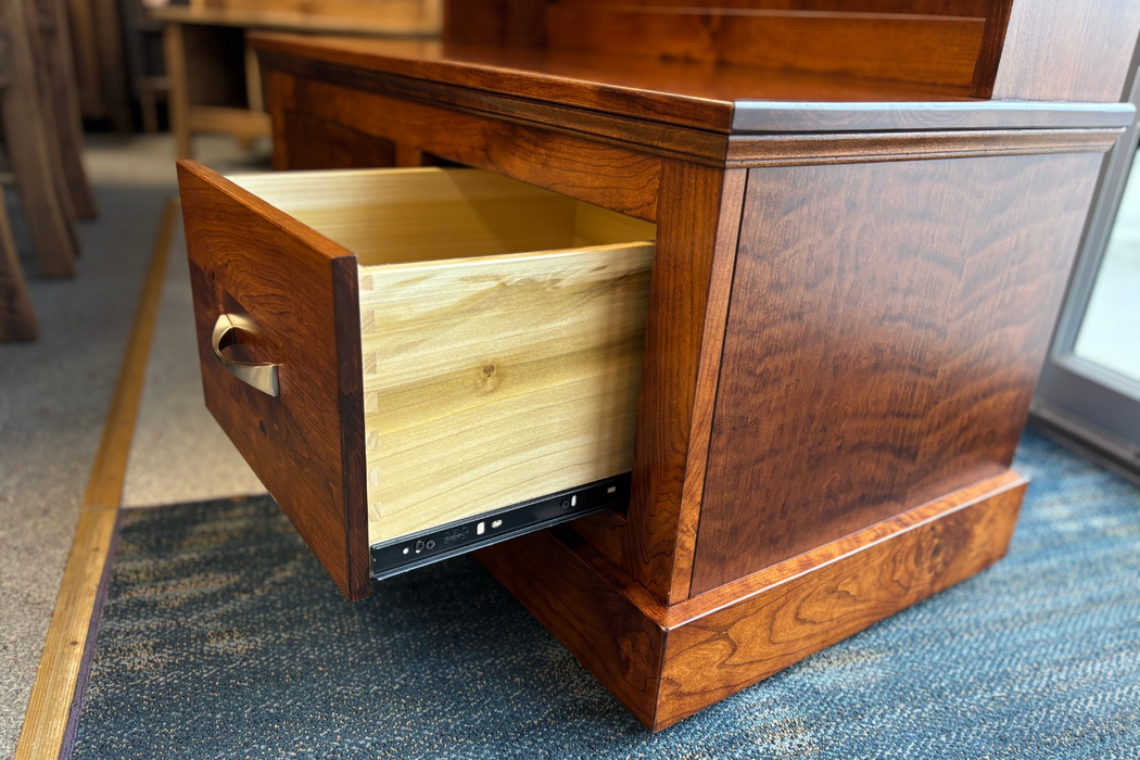 Amish Wood Star Hall Seat - 36" Wide Hall Seat - Sap Cherry OCS-113 Michaels Stain - Solid Cherry Amish Hall Seat - Drawer Close Up 2