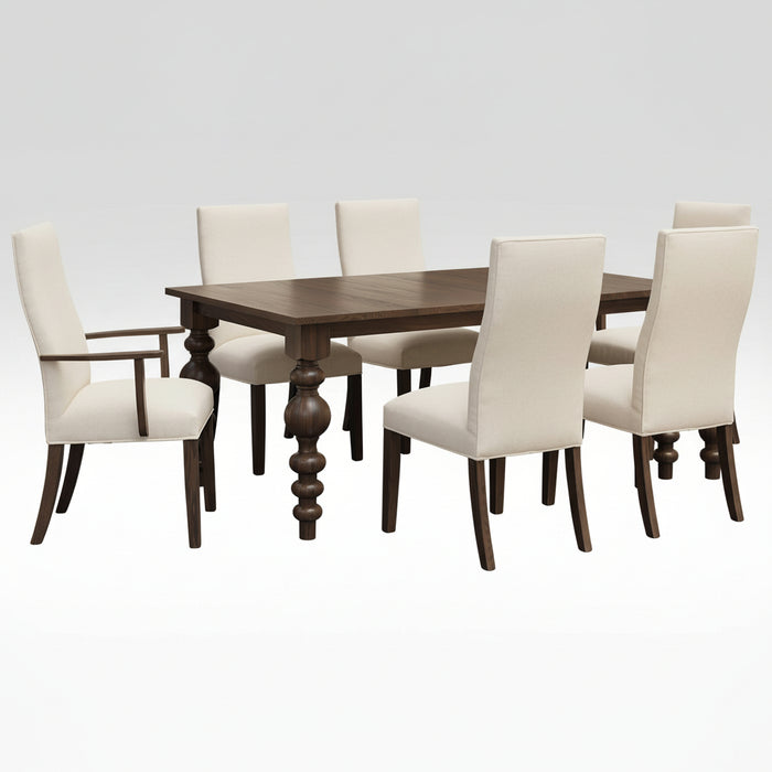 A 7-piece dining room set featuring a rectangular dark brown wooden table with turned legs and six upholstered dining chairs with cream fabric and dark wood frames, shown on a solid white background.
