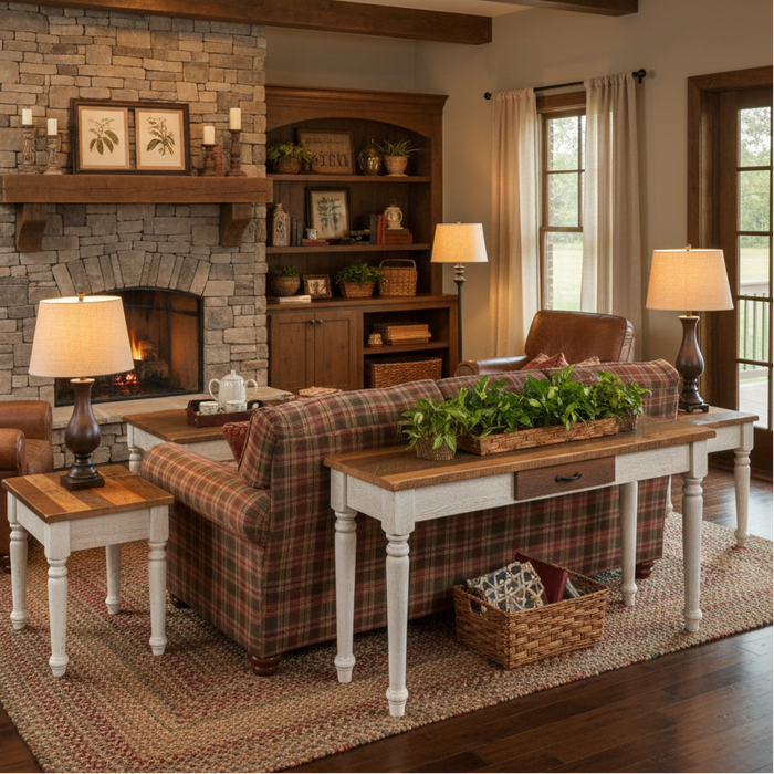 amish reclaimed barnwood belmont sofa table - two-tone farmhouse style coffee table - genuine reclaimed barnwood sofa table