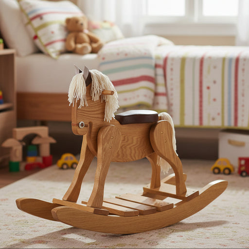 Wooden kids rocking horse with a white mane padded leather seat in a kids bedroom with toys